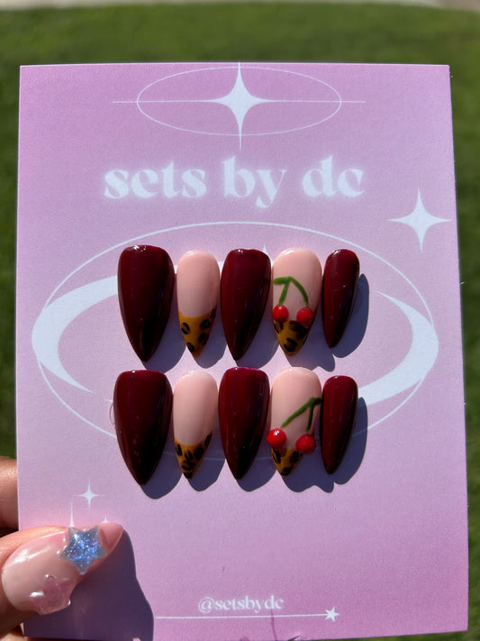 3d cherry leopard print nails